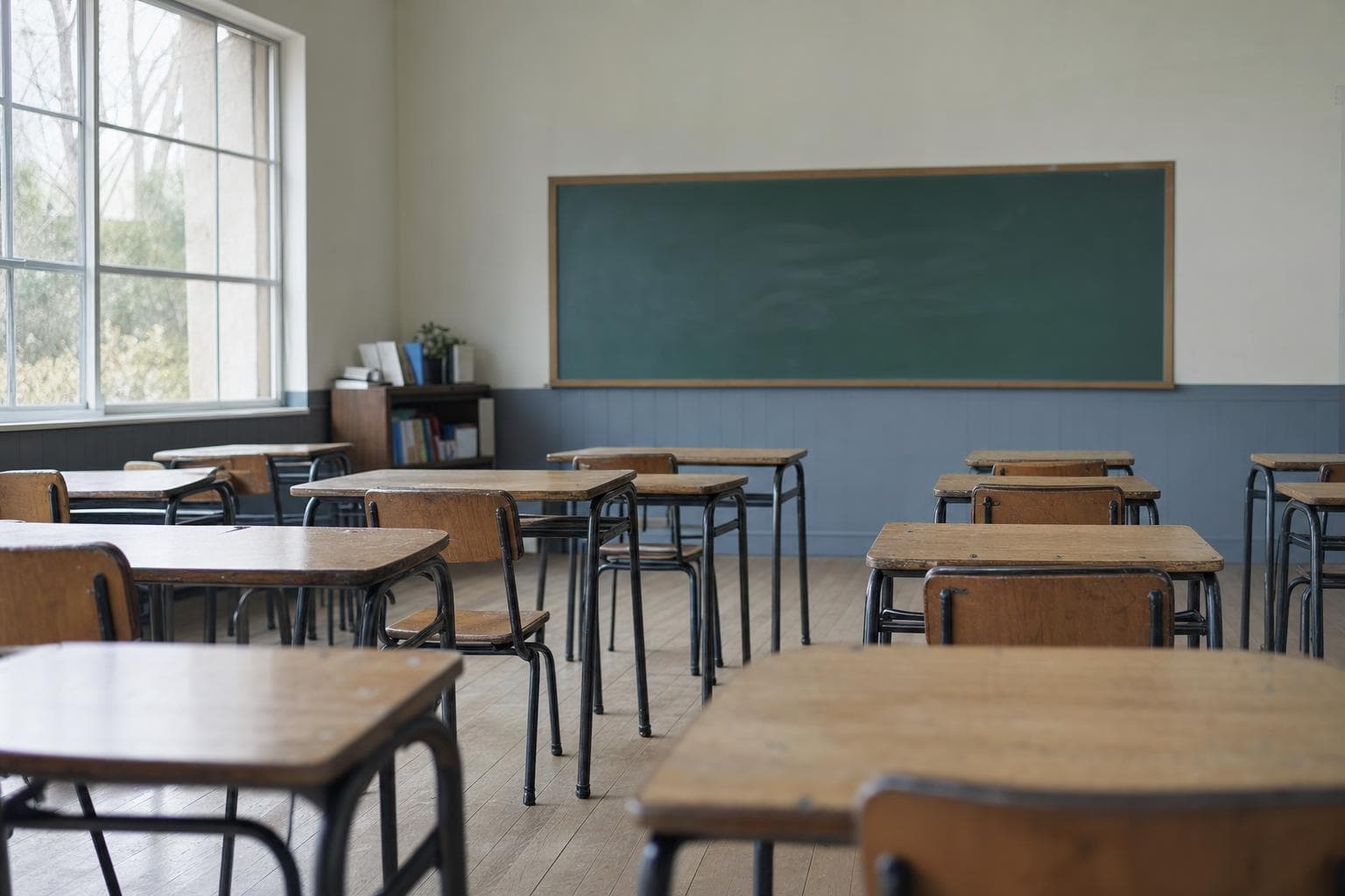 Sala de clases vacía de un colegio público, con pupitres de madera y un pizarrón.